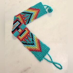 Hand-Woven Southwestern Glass Seed Bead Bracelet, Loop & Bead Closure, 7.5”L